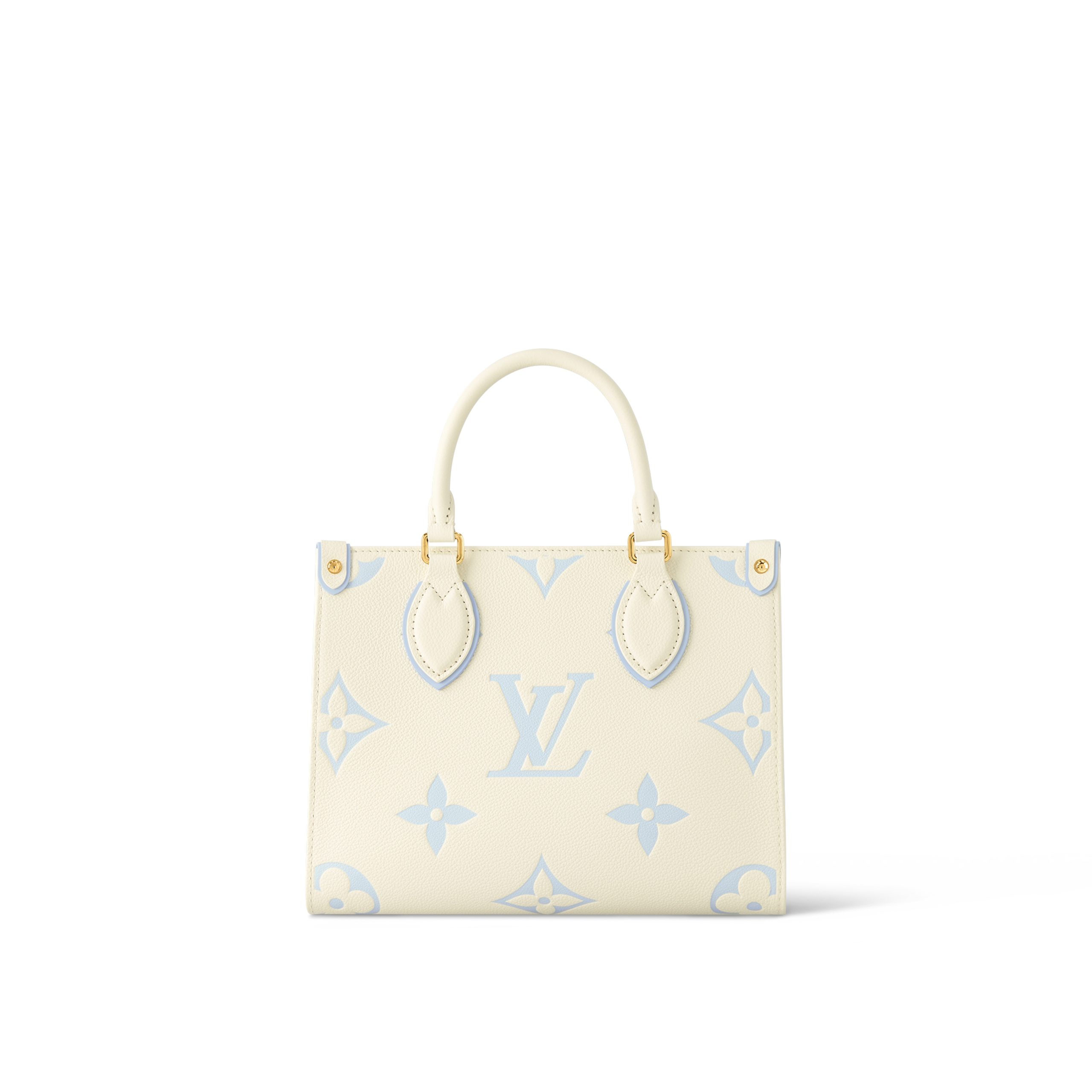 louis-vuitton-onthego-pm-bicolor-monogram-empreinte-leather-handbags-M46833_PM2_Front_20view.jpg Louis Vuitton M46833 OnTheGo PM Latte/Candy Blue - Image 1